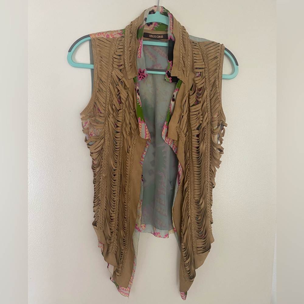 Roberto Cavalli /beige suede overlay and multicolor vest